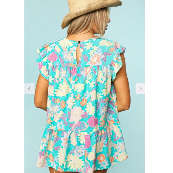"The Bryn" Blue Tiered Floral Frill Sleeve Top - Picture 3 of 3